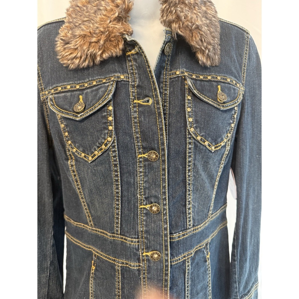 Vtg Kikit Jeans women's M denim jacket removable collar with faux fur NWT - Picture 2 of 16